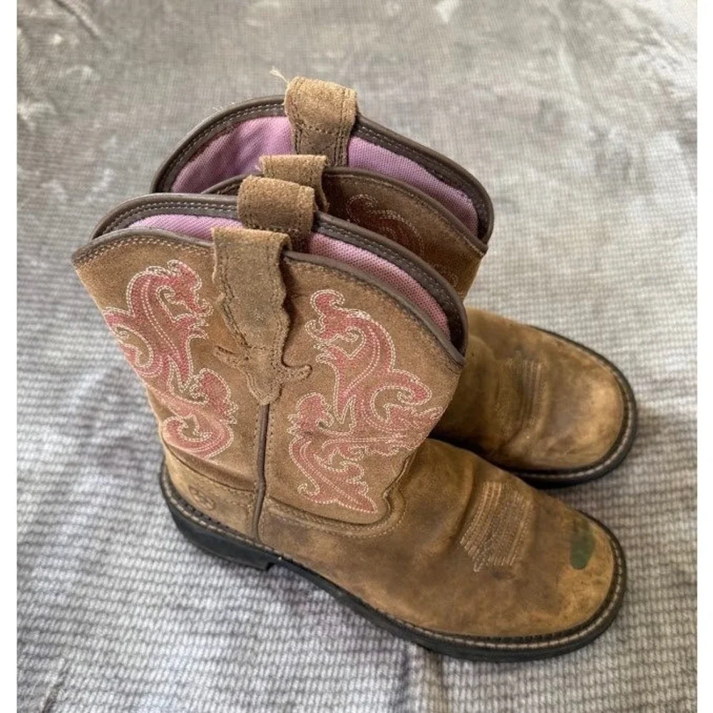 Ariat Girls Fatbaby Brown Leather Pink Embroidery Western Cowboy Boots Round Toe
